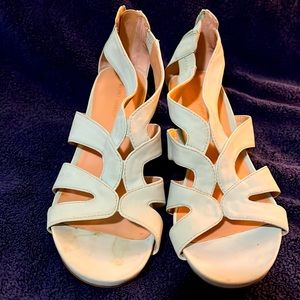 Women’s light green /blue suede back zipper 3” cork wedges Michael Shannon’s